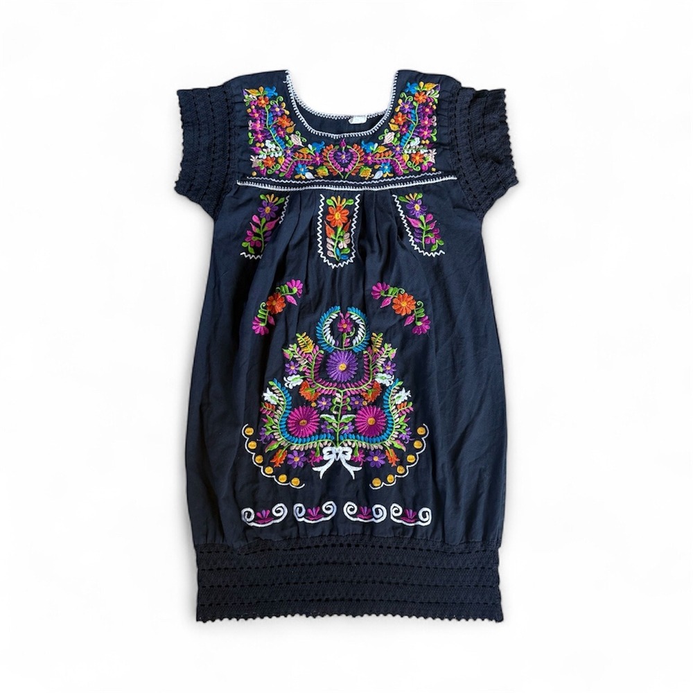 Embroidered Mexican Dress Black‎ Acrylic Floral Handmade Boho Bohemian Small